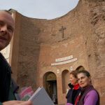 Taking it to the streets! The congress on Friday afternoon headed out into the streets of Rome. Above, Charles Yezak, of Tampa, Fla., invites passersby to attend Eucharistic Adoration in Our Lady of the Angels. He and Mary Travis, right, of St. Petersburg, Fla, team up.