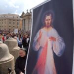 A giant image of The Divine Mercy greets pilgrims at the center of St. Peter's Square, following the closing Mass.